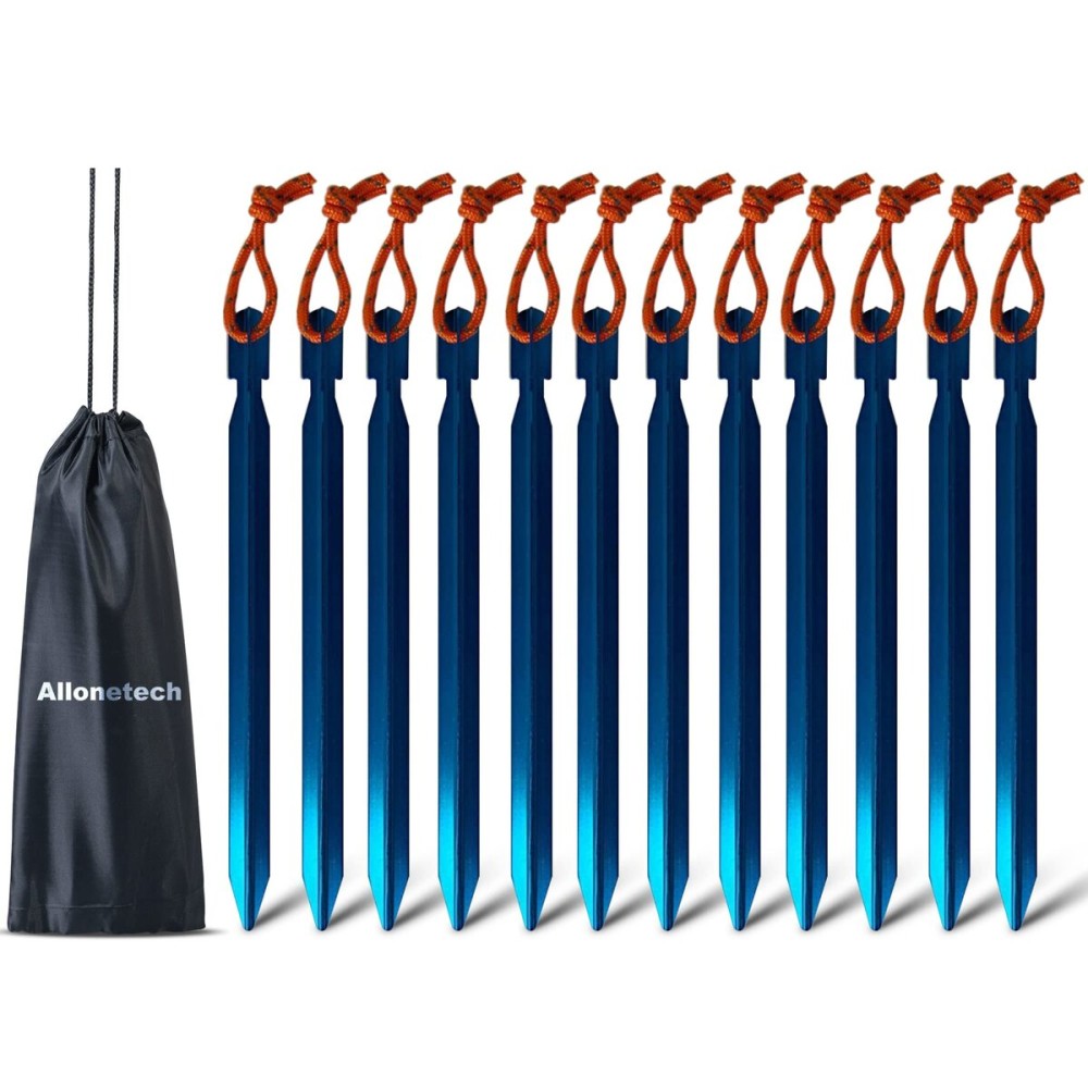 12 Pack Tent Stakes, 7075 Ground Metal Camping Aluminum Tent Pegs, Lightweight Tent Stakes Heavy Duty Spikes Camping Accessories, Blue