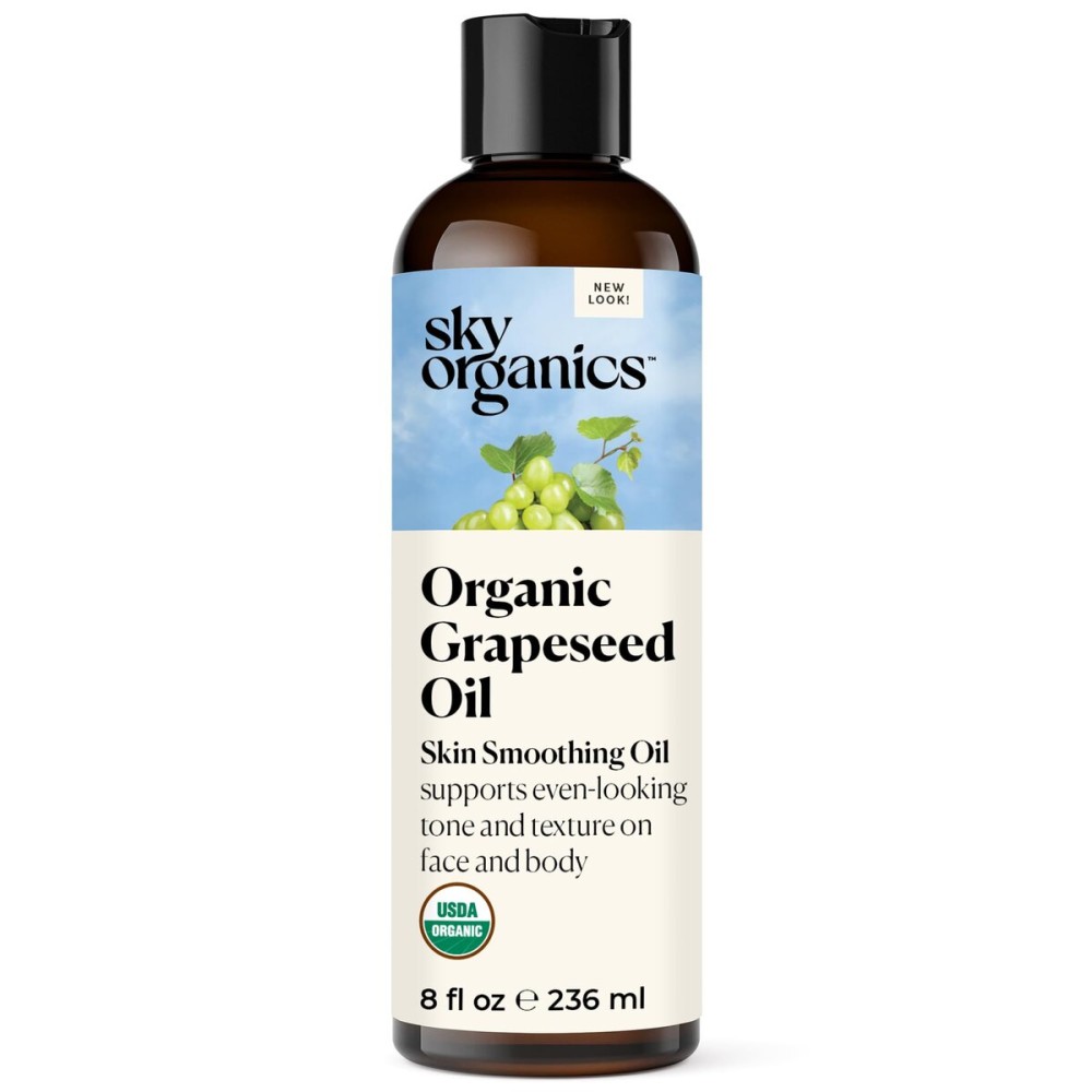 Sky Organics Organic Grapeseed Oil, Skin Smoothing Oil to Support Healthy and Even-Looking Skin Tone and Texture on Face and Body, for All Skin Types, 100% Pure & Cold-Pressed, 8 fl. Oz
