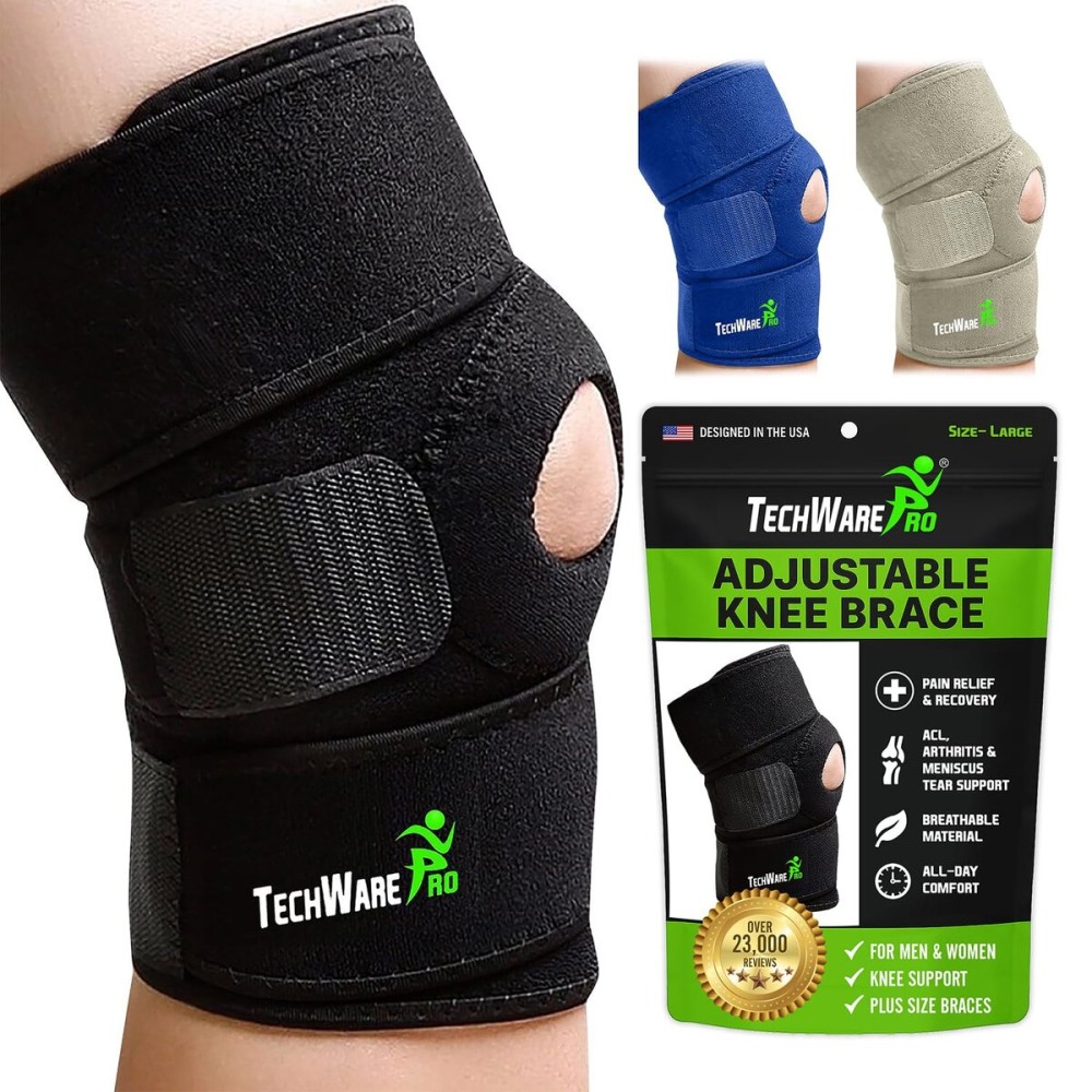 TechWare Pro Knee Brace Support - Relieves ACL, LCL, MCL, Meniscus Tear, Arthritis, Tendonitis Pain. Open Patella Dual Stabilizers Non Slip Comfort Neoprene. Black XLarge