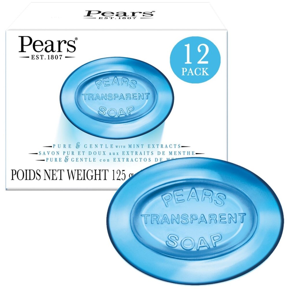 Pears Glycerin Soap, Transparent Blue with Mint Extract, 12-Pack - Pure & Gentle Cleanser for Cool, Refreshed Skin, 4.4 Oz Ea
