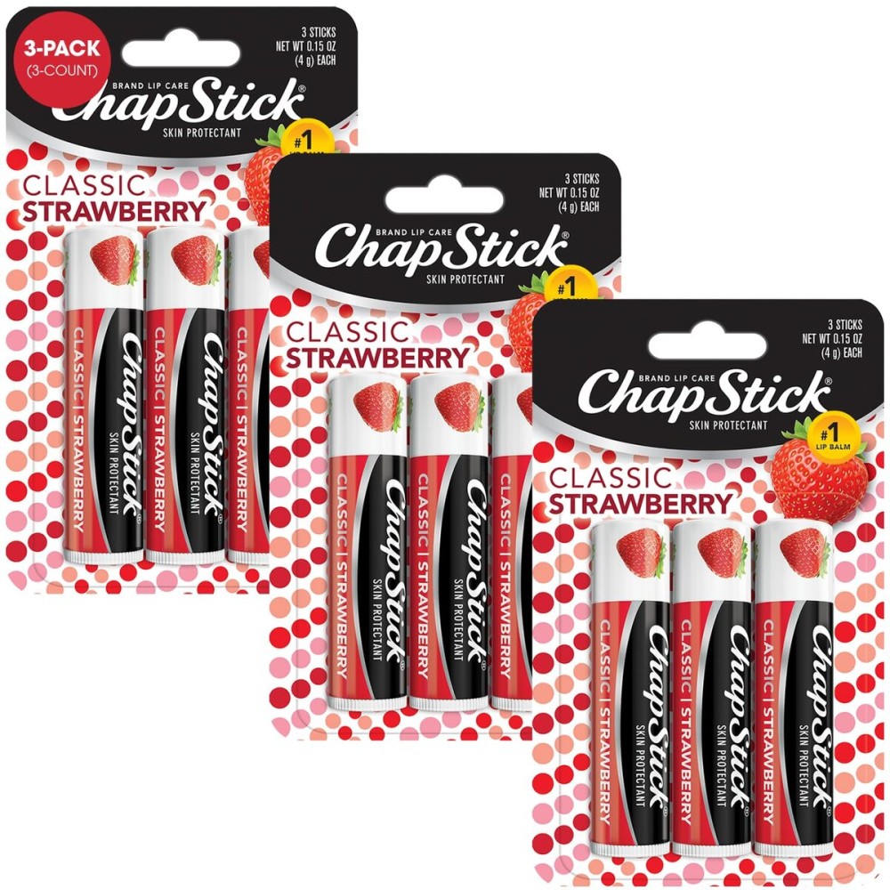 ChapStick Classic Strawberry Lip Balm, 9-Count - Tinted Lip Moisturizer, Juicy & Sweet, 0.15 Oz Ea