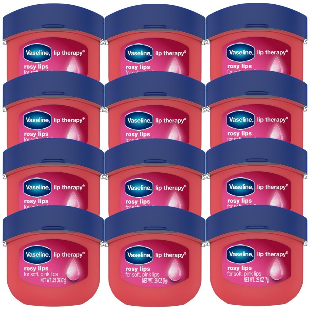 Vaseline Lip Therapy Rosy Lips Mini 12-Pack - Rose-Tinted Lip Balm, Moisturizer for Soft, Pink Lips, 0.25 Oz Ea