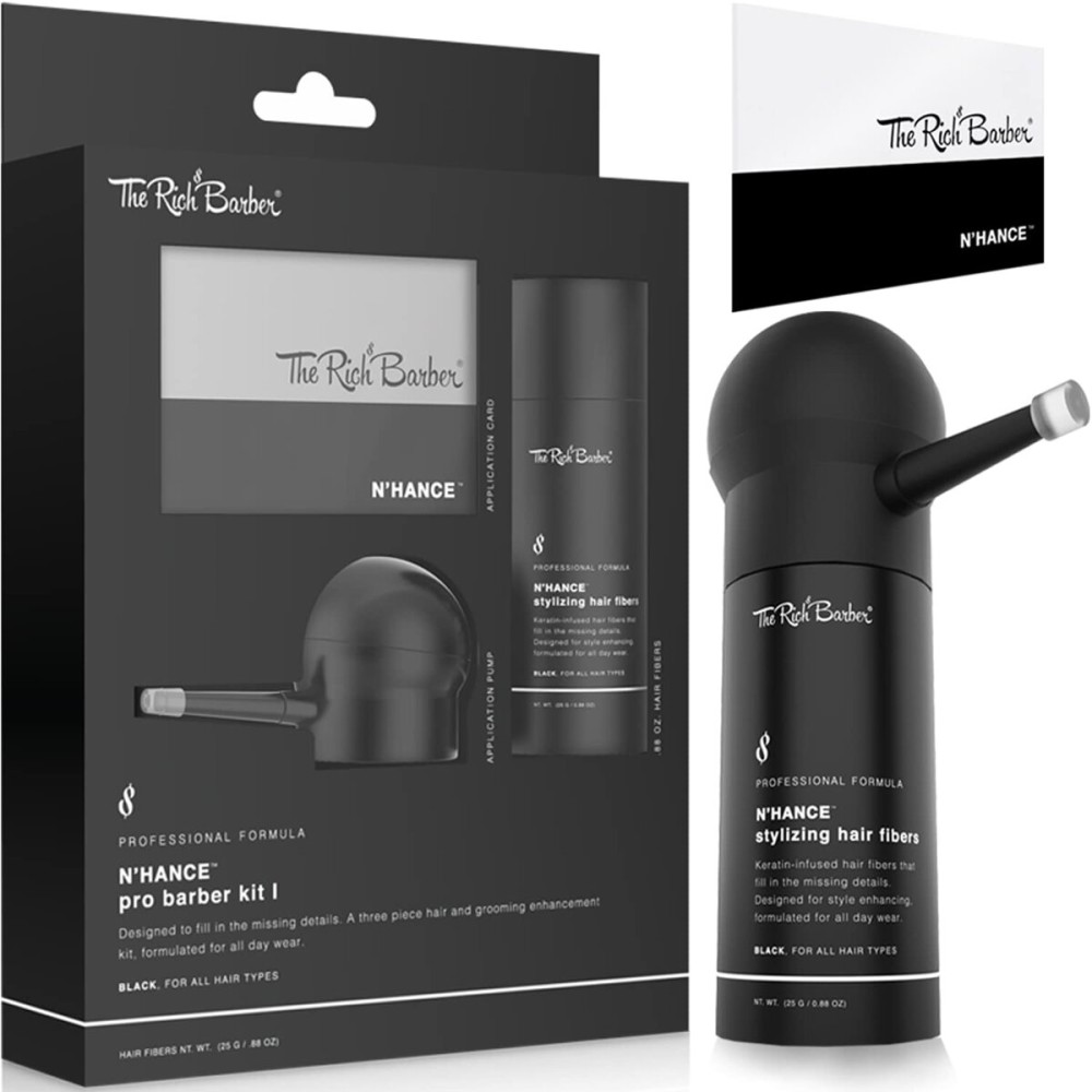 The Rich Barber N\'Hance Pro Barber Kit I - Professional 3-in-1 Hair & Beard Styling Set - Keratin-Infused Hair Building Fibers, Applicator Pump, Application Card - Hairline Enhancer & Volumizing Spray