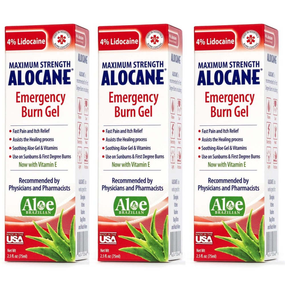 Alocane Max Emergency Burn Gel, 4% Lidocaine Hydrochloride, .13% Benzalkonium Chloride, Maximum Strength Relief, Itch Relief, For Sunburns, Kitchen, Chemical, First-Degree Burns, 2.5 Fl Oz (3 Pack)