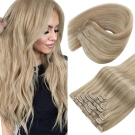 Sunny Hair Clip in Hair Extensions Straight Human Hair Clip in Extensions Remy Clip in Hair Extensions Real Human Hair Extensions Clip ins Golden Blonde Highlights Light Blonde 18inch