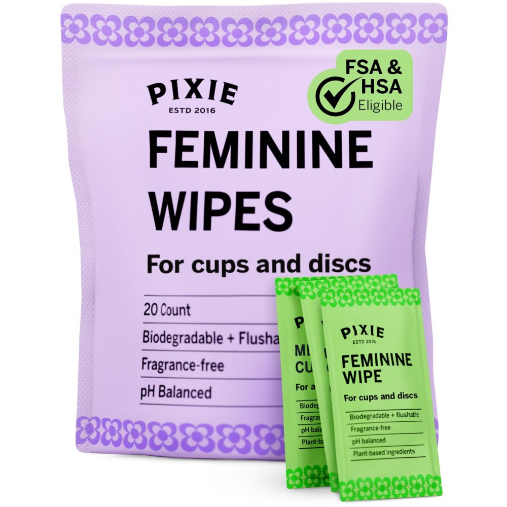 Pixie Feminine Wipes - Flushable, Biodegradable, pH Balanced & Unscented - Individually Wrapped Wipes for Feminine Care, On The Go & Public Bathrooms - Menstrual Cup Wipes for Cups & Discs (20 Count)