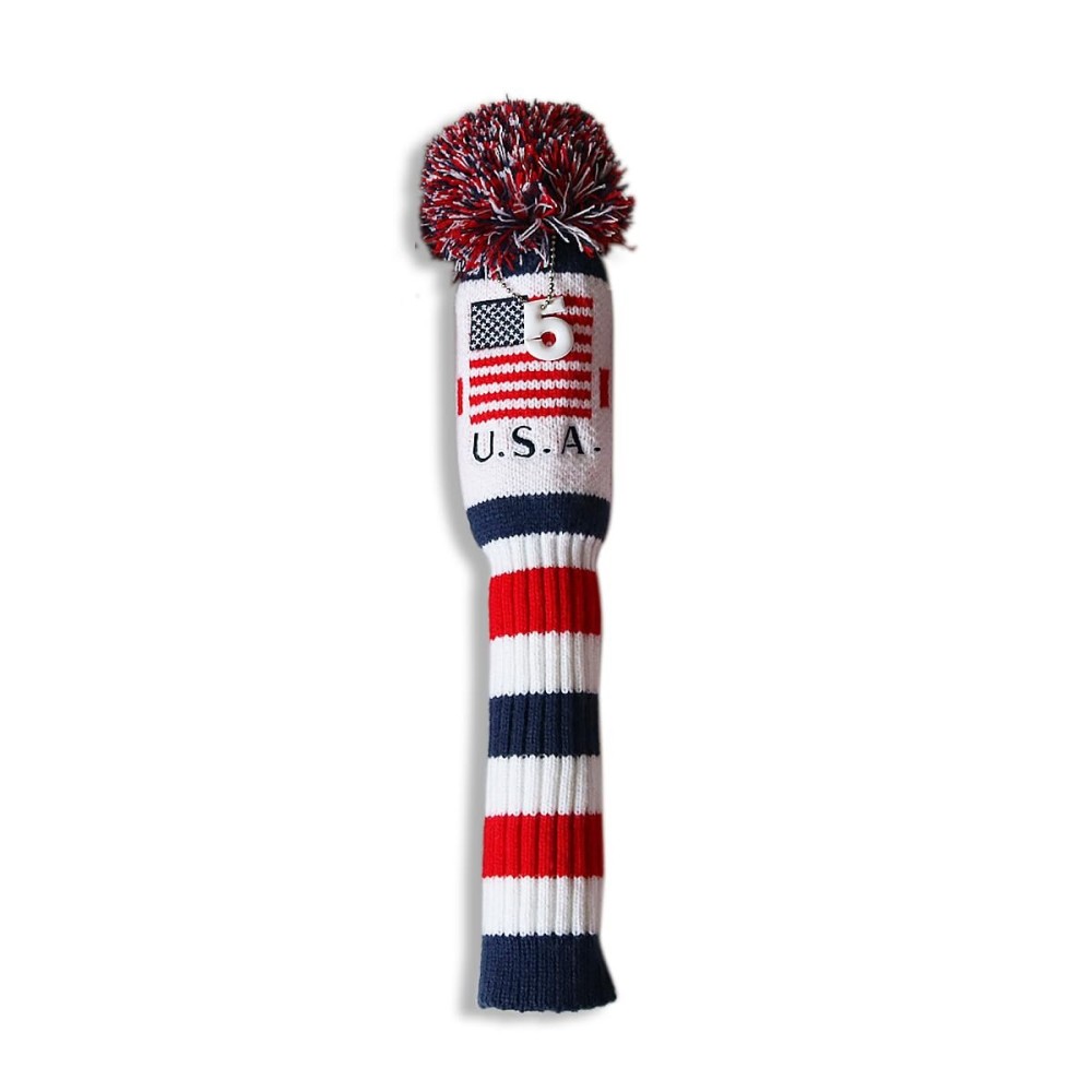 Craftsman Golf US Flag Knit Pom Pom White Blue Red 5 Fairway Wood Head Cover Headcover for Callaway Mizuno Cobra Taylormade (5 Wood Cover)