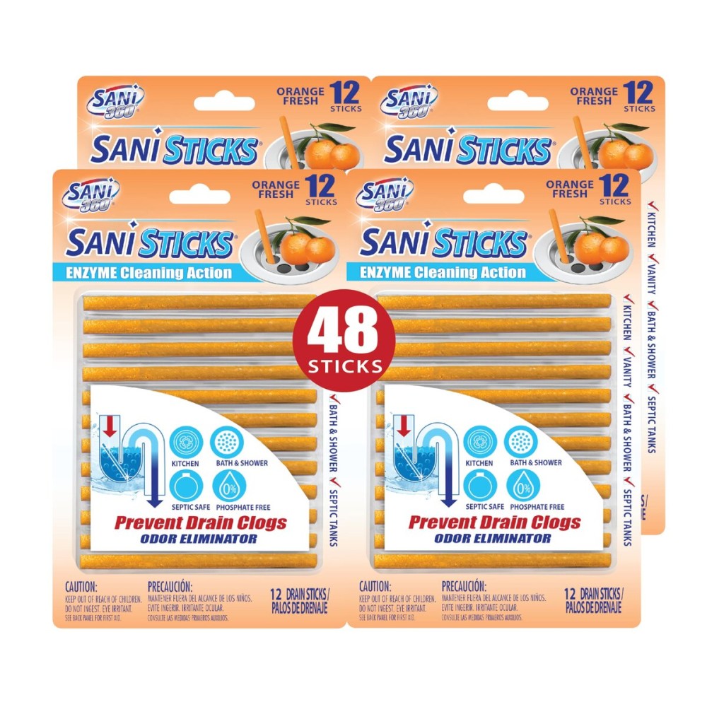 SANI 360 Sani Sticks Drain Cleaner and Deodorizer, 48 Count, Orange Scent Enzyme Pipe Cleaners, Eliminate Odors, Prevent Clogged Drains, Safe for Sinks, Bathtub Drains, Septic Tanks