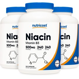 Nutricost Niacin (Vitamin B3) 500mg, 240 Capsules (3 Bottles) - Niacin Flush