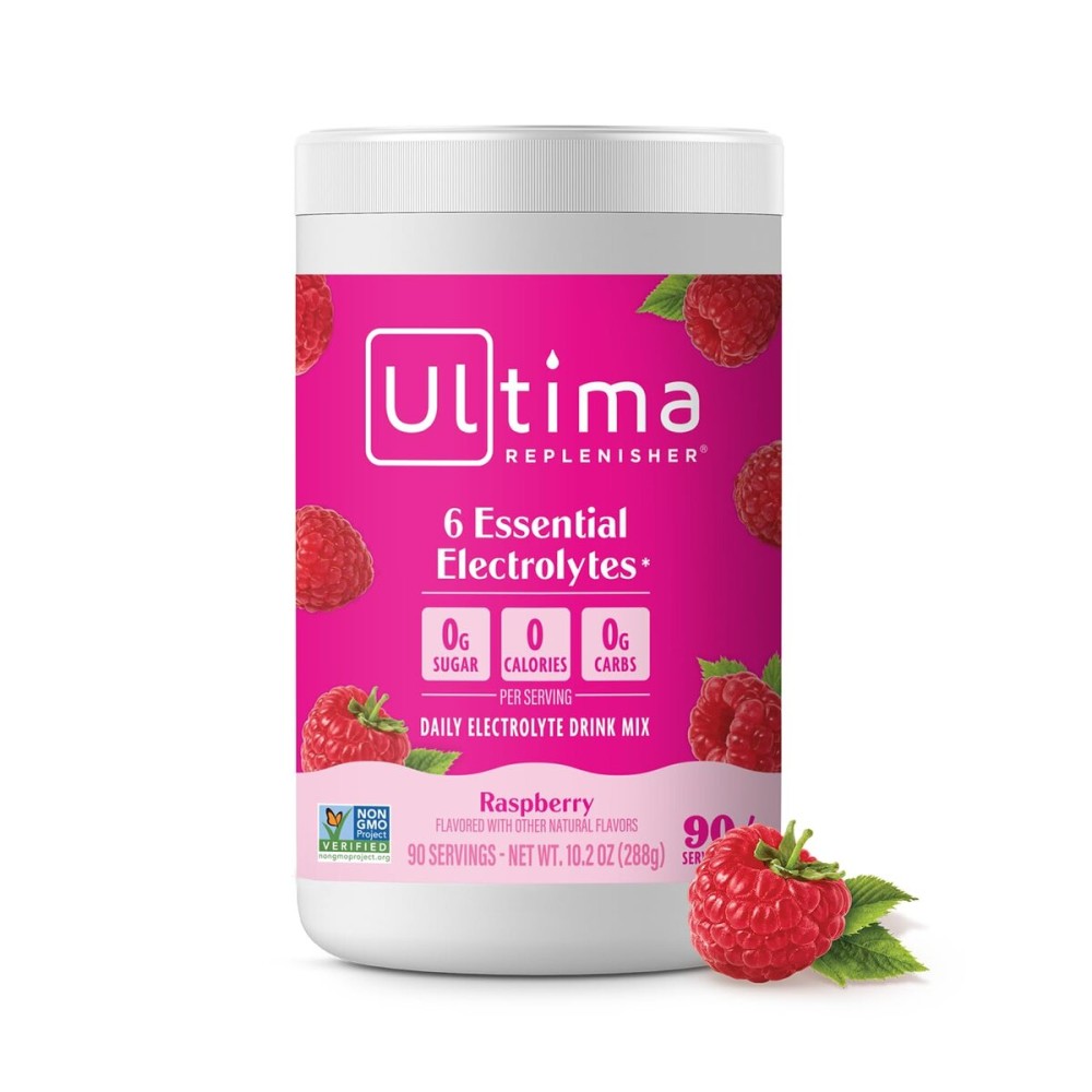 Ultima Replenisher Daily Electrolyte Powder Drink Mix - Sugar Free - Raspberry, 90 Servings - Hydration Powder with 6 Key Electrolytes and Trace Minerals - Keto Friendly, Vegan, Non-GMO