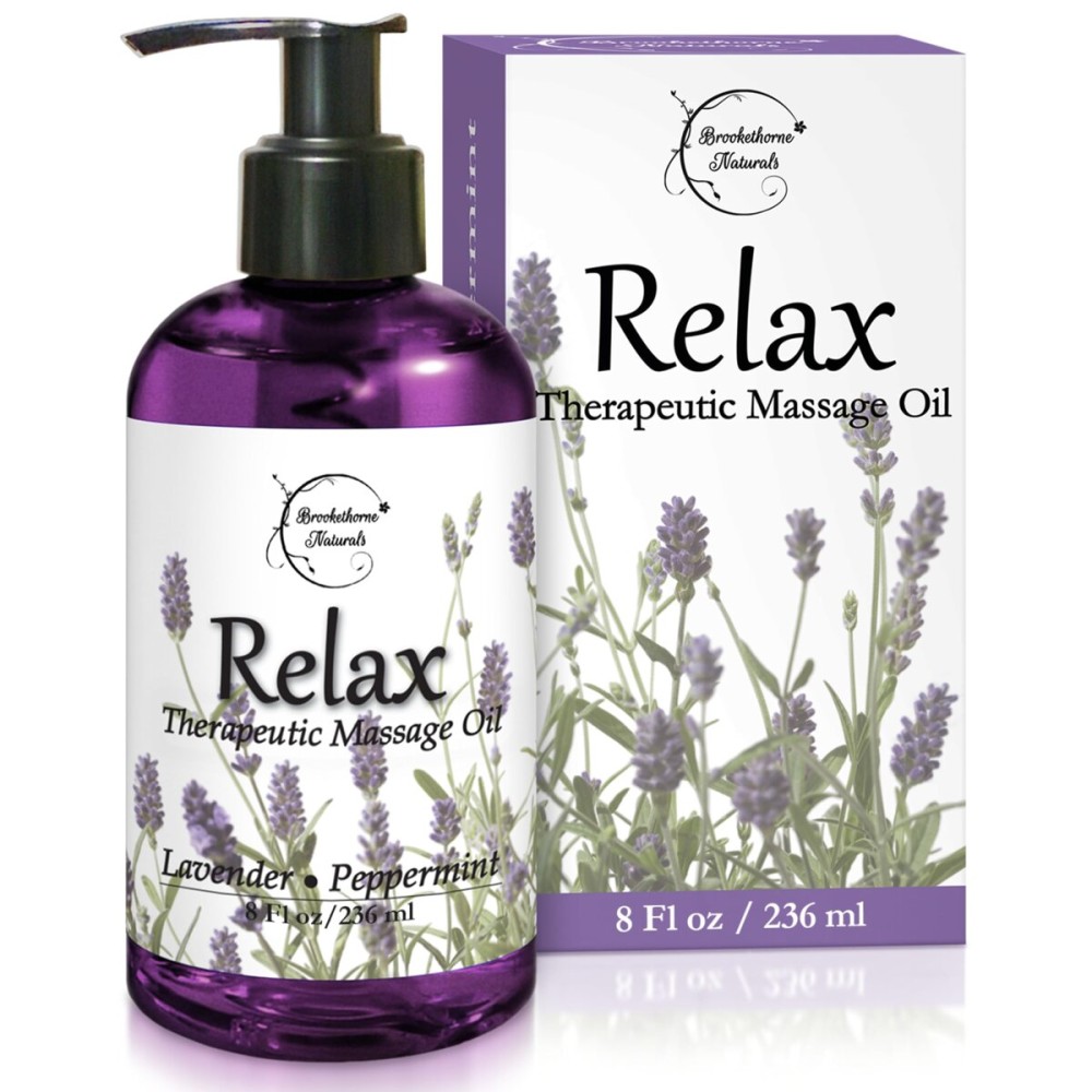 Relax Therapeutic Body Massage Oil - with Best Essential Oils for Sore Muscles & Stiffness - Lavender, Peppermint & Marjoram - All Natural - with Sweet Almond, Grapeseed & Jojoba Oil 8oz
