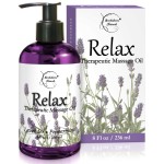 Relax Therapeutic Body Massage Oil - with Best Essential Oils for Sore Muscles & Stiffness - Lavender, Peppermint & Marjoram - All Natural - with Sweet Almond, Grapeseed & Jojoba Oil 8oz