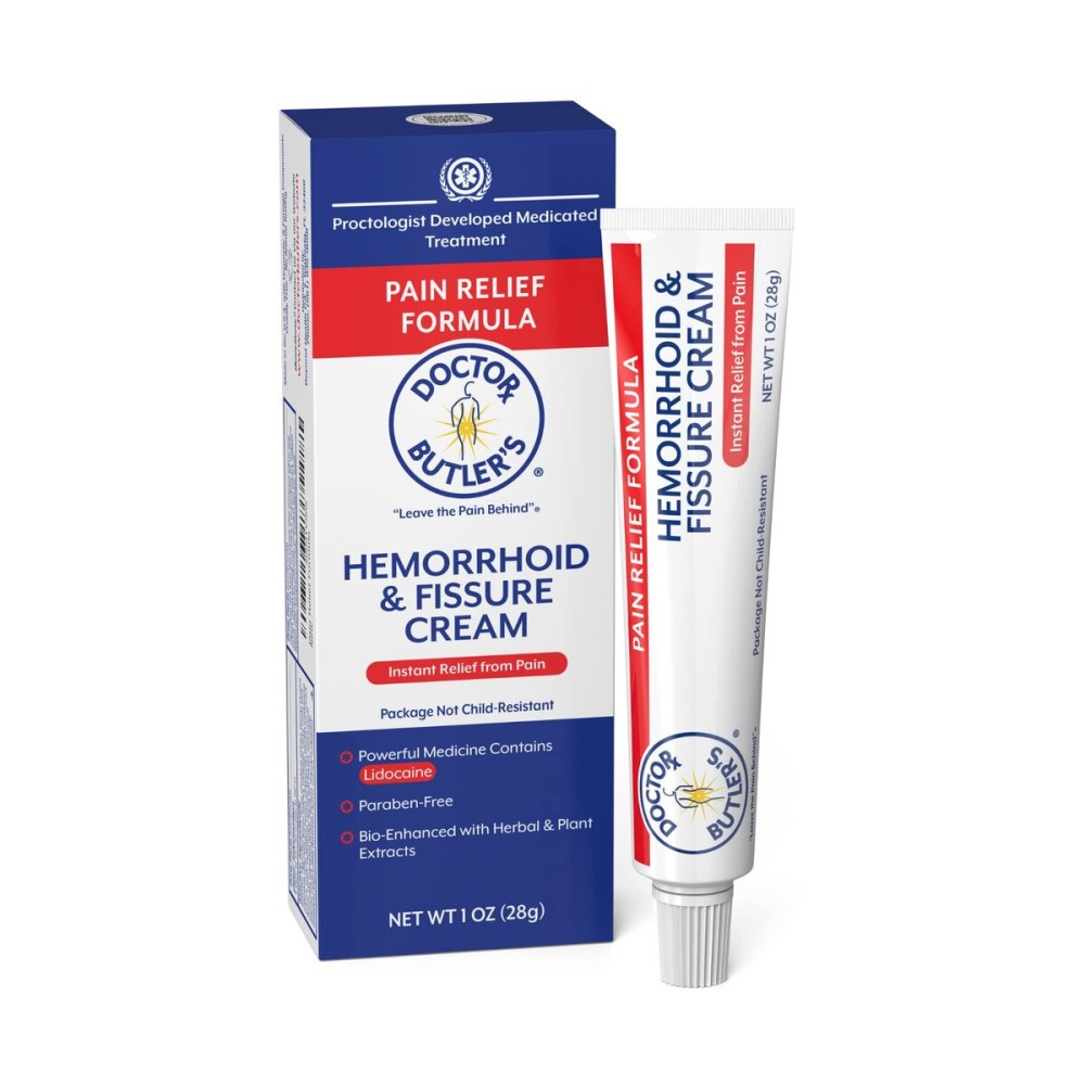 Doctor Butler\'s Hemorrhoid & Fissure Cream - Instant Pain Relief Hemorrhoid Treatment with Lidocaine, Fast Acting Hemorrhoid Cream for Relief from External Itching and Burning (1 oz.)