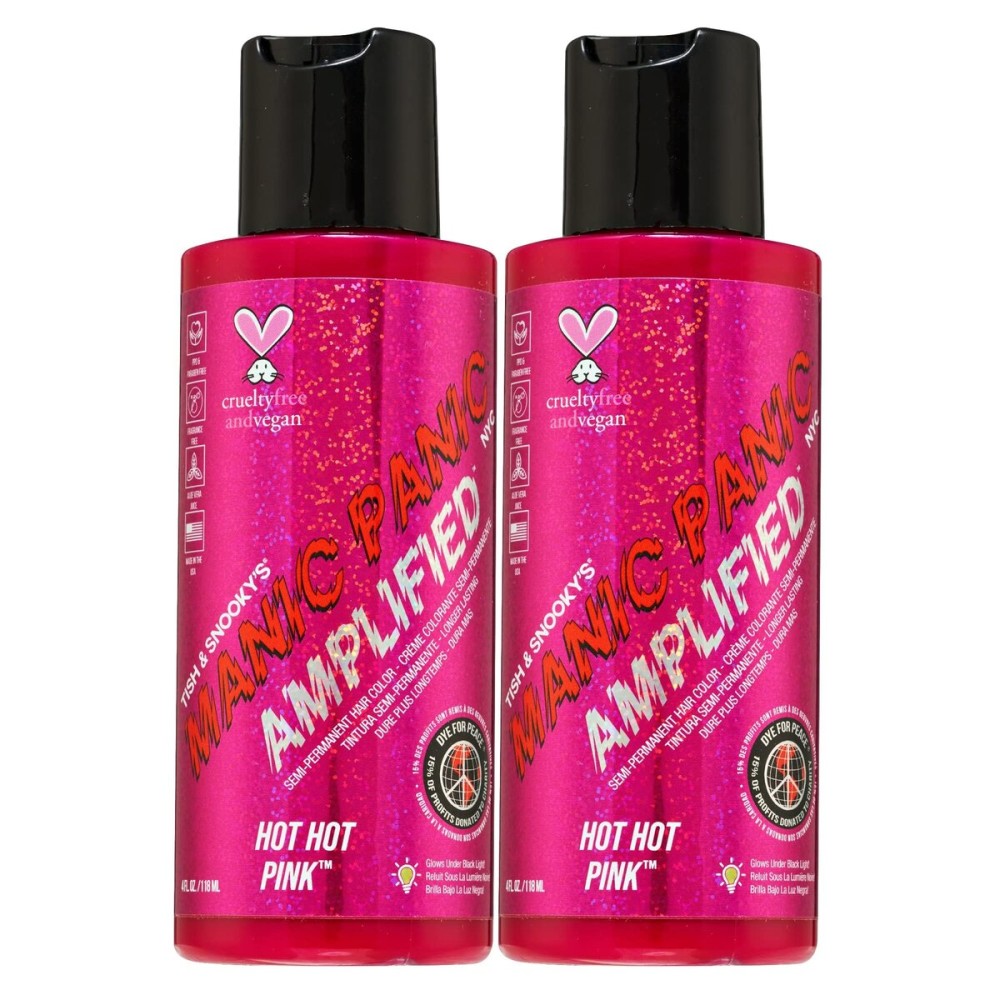 MANIC PANIC Hot Hot Pink Hair Color - Amplified - (2PK) Semi Permanent Hair Dye - Medium Pink - Glows In Blacklight - For Dark & Light Hair - Vegan, PPD & Ammonia Free For Coloring Hair on Women & Men