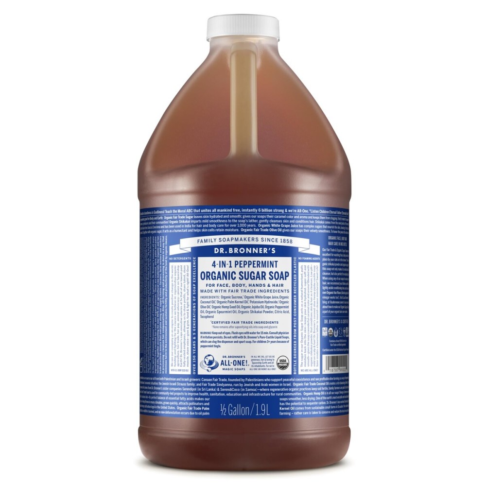 Dr. Bronner\'s Organic Sugar Soap (Peppermint, 64 Ounce)- Made with Organic Oils, Sugar & Shikakai Powder, 4-in-1 Uses: Hand and Body Wash, Face, Hair- Cleanses, Moisturizes, Nourishes, Vegan