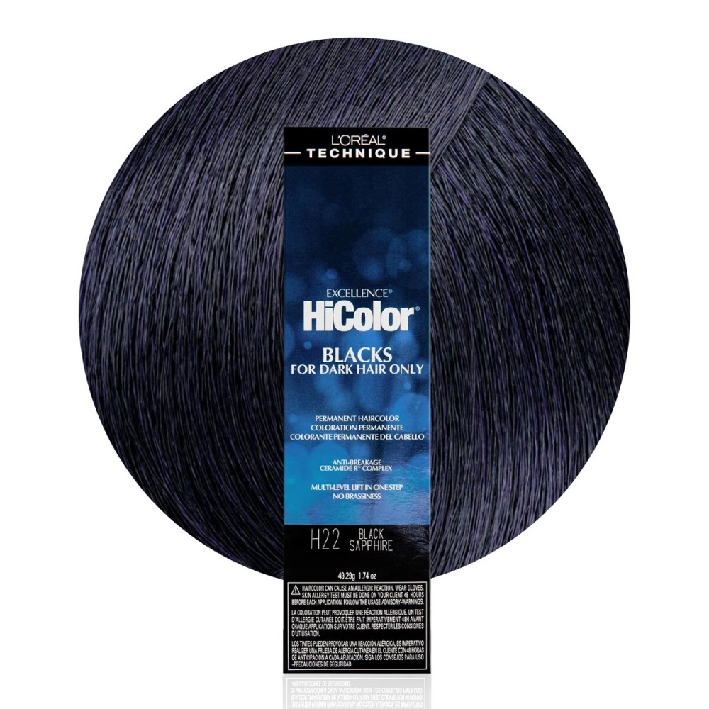 L\'OREAL TECHNIQUE HiColor Violet & Black Shades Permanent Hair Color - Anti-Breakage Ceramide R Complex, Multi-Lift With No Brassiness, For Dark Bases and Long Lasting Color, H22 Black Sapphire