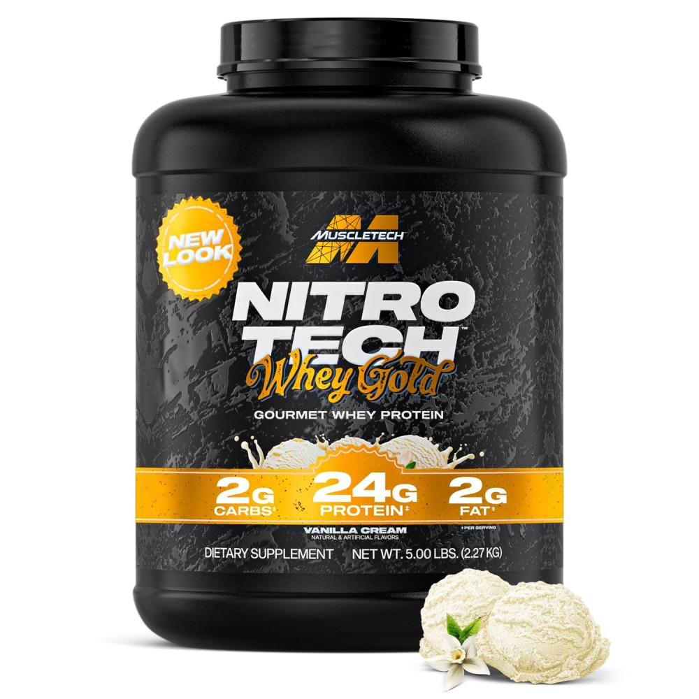 MuscleTech Whey Protein Powder (Vanilla Cream, 5LB) - Nitro-Tech Whey Protein Isolate Smoothie Mix for Lean Muscle & Recovery - 24g of Whey Gold for Women & Men - Packaging May Vary