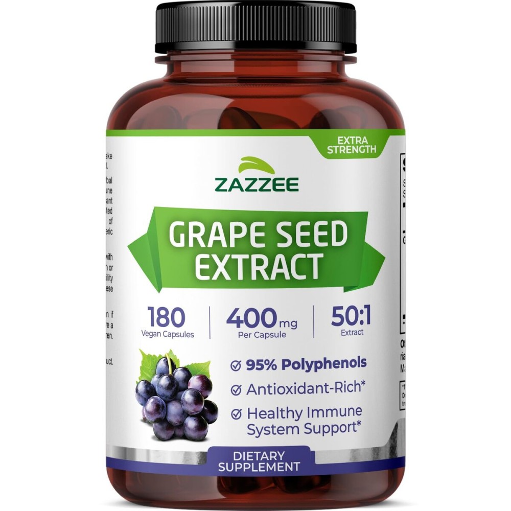 Zazzee High Strength Grape Seed 50:1 Extract, 180 Vegan Capsules, 95% Polyphenols, 400 mg per Capsule, 6 Month Supply, Standardized and Concentrated 50X Extract, Non-GMO, Made in The USA