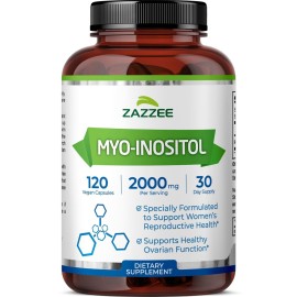 Zazzee Myo-Inositol Capsules, 2000 mg per Serving, 120 Vegan Capsules, Ideal Dosage for 40:1 Ratio, 100% Vegetarian, Hormone Balance & Healthy Ovarian Function Support, All-Natural and Non-GMO