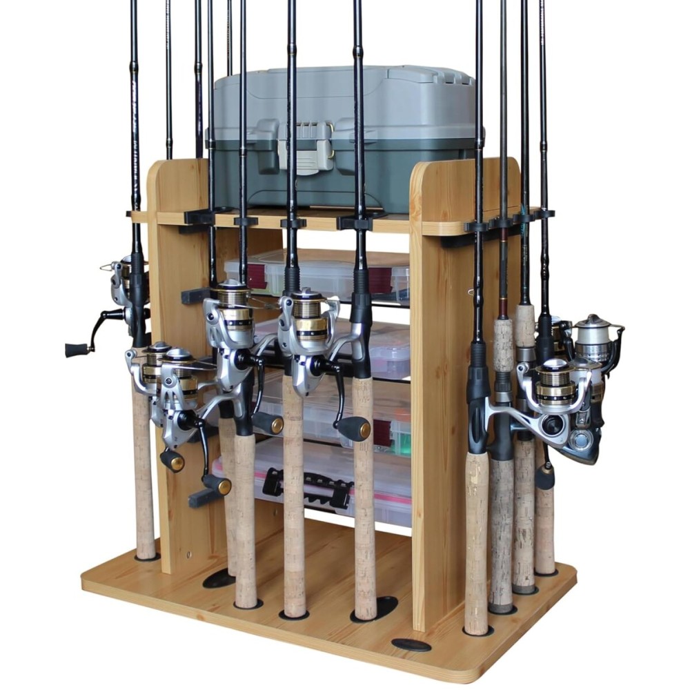 Rush Creek Creations 14 Fishing Rod Rack with 4 Utility Box Storage Capacity - Fishing Pole, Tackle Box, and Equipment Holder, Wood Grain Laminate (38-2002)