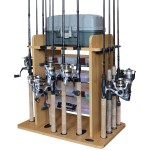 Rush Creek Creations 14 Fishing Rod Rack with 4 Utility Box Storage Capacity - Fishing Pole, Tackle Box, and Equipment Holder, Wood Grain Laminate (38-2002)