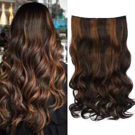 REECHO 16 1-Pack 3/4 Full Head Curly Wavy Clips in on Synthetic Hair Extensions HE008 Hairpieces for Women 5 Clips 3.9 Oz per Piece - Dark Brown with Chestnut Highlights