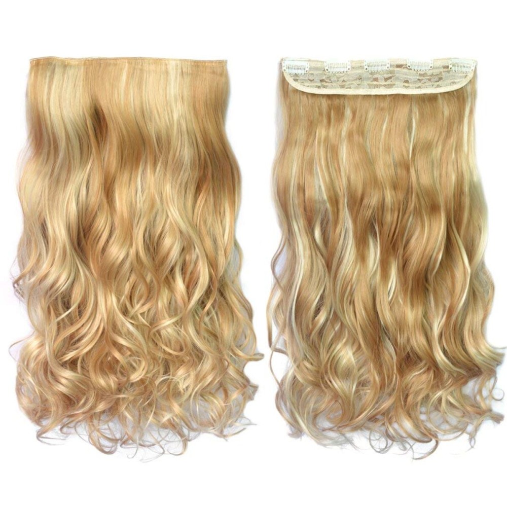 REECHO 16 1-Pack 3/4 Full Head Curly Wavy Clips in on Synthetic Hair Extensions HE008 Hairpieces for Women 5 Clips 3.9 Oz per Piece - Medium Blonde with Highlights