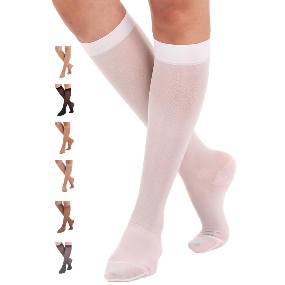 ABSOLUTE SUPPORT - Sheer Compression Socks for Women 15-20 mmHg - Support Hose Knee High Stockings - White, Small