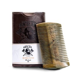 Sandalwood Beard Comb for Men - Handmade Premium Wooden Beard & Mustache Comb - Fine & Wide Tooth - Travel Pocket Size - Beard Grooming Kit for Men in PU Leather Case by Hunter Jack