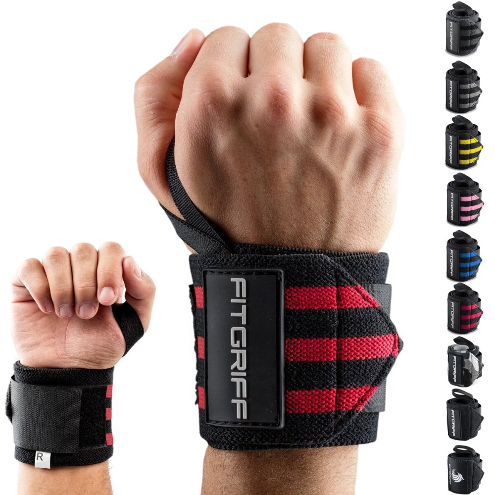 Fitgriff Wrist Wraps for Weightlifting (18) Heavy-Duty Support for Gym, Bench Press, and Pushups (1 Pair) - for Men and Women (Black/Red)