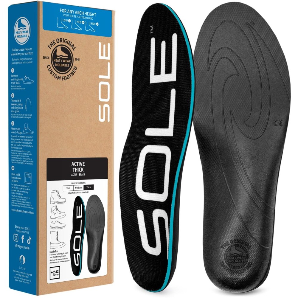 SOLE Active Thick Insoles - Custom Moldable Orthotic Support for Any Arch Type, Plantar Fasciitis Relief - Mens Size 5/Womens Size 7, 1 Pair