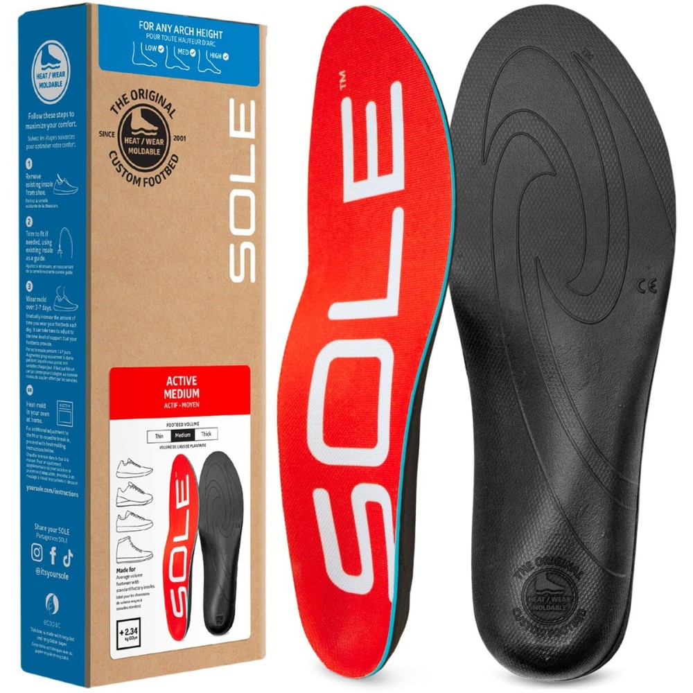 SOLE Active Medium Insoles - Custom Moldable Orthotic Support for Any Arch Type, Plantar Fasciitis Relief - Mens 9/Womens 11, 1 Pair