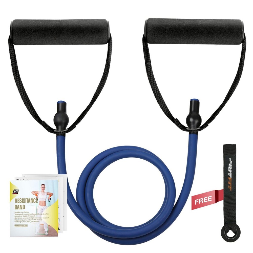 RitFit Single Resistance Exercise Band with Comfortable Handles - Ideal for Physical Therapy, Strength Training, Muscle Toning - Door Anchor and Starter Guide Included (Blue (20-25Lbs))