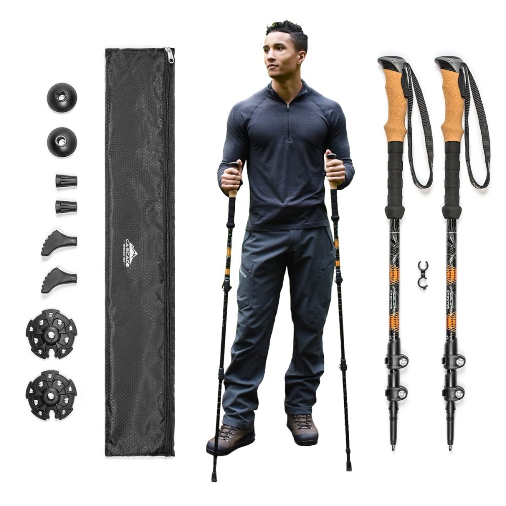 Cascade Mountain Tech Trekking Poles, Shaft Material: Aircraft- grade 6061 Aluminum with Adjustable Locks Expandable to 54 (Set of 2), Cork Grip, Orange, Extended Grip Material: EVA