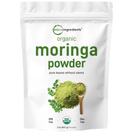 Micro Ingredients Organic Moringa Oleifera Leaf Powder, 2 Pound | Rich in Antioxidants & Immune Vitamins | Pure Leaves Without Stems | Great Superfoods for Tea or Drink | India Grown, Vegan