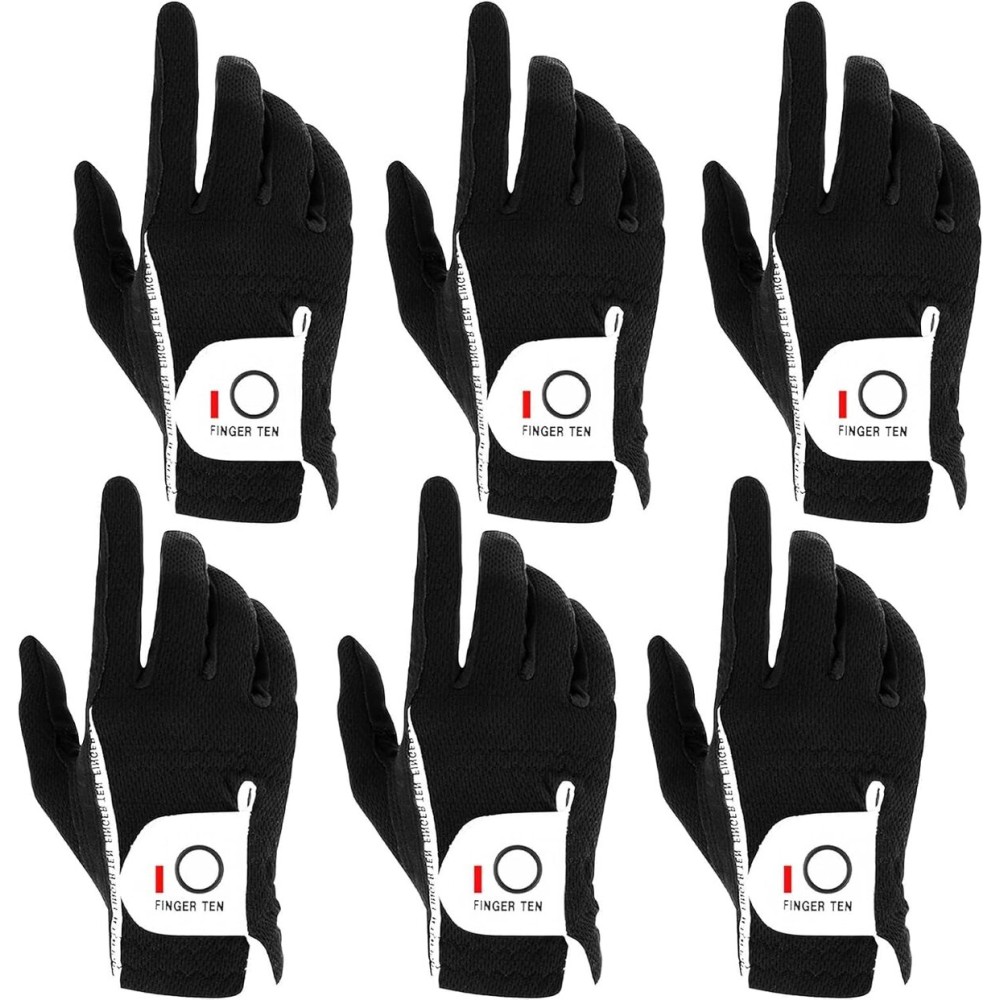 FINGER TEN Golf Gloves Men Right Left Handed Golfer Mens Glove RainGrip Hot Wet Weather Value 6 Pack, All Weather in Black X-Large (Black, X-Large, Right)