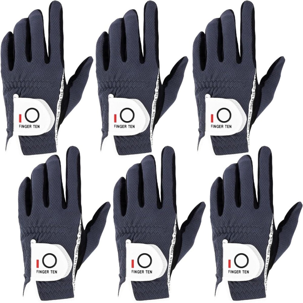 FINGER TEN Golf Gloves Men Right Left Handed Golfer Mens Glove RainGrip Hot Wet Weather Value 6 Pack, All Weather in Grey X-Large (Grey, X-Large, Left)
