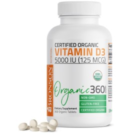 Bronson Vitamin D3 5,000 IU (125 mcg) Certified Organic High Potency Non-GMO Vitamin D Supplement, 360 Tablets