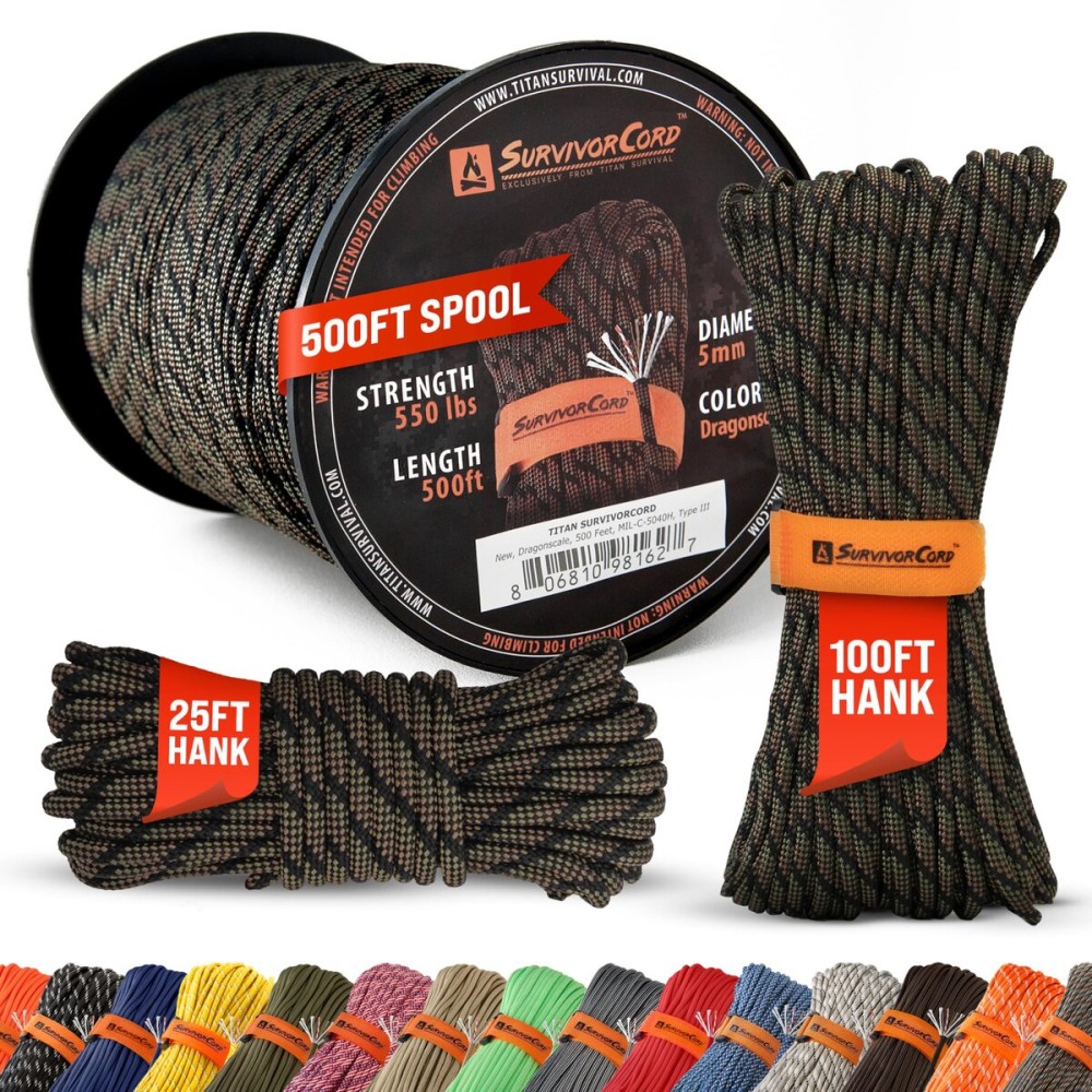 TITAN Survival Patented Paracord 550 - 25ft, 100ft, 500ft & Color Options - 620LB Strength Survival Paracord Military Spec with 3 Strands - Heavy Duty Hank Cord for Camping & Outdoors with Firestarter