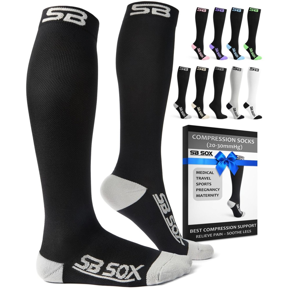 SB SOX Compression Socks for Men & Women (20-30 mmHg) - Best Support Stockings for Travel, Medical, and Sports - Perfect for Everyday Wear (Medium, Black/Gray)