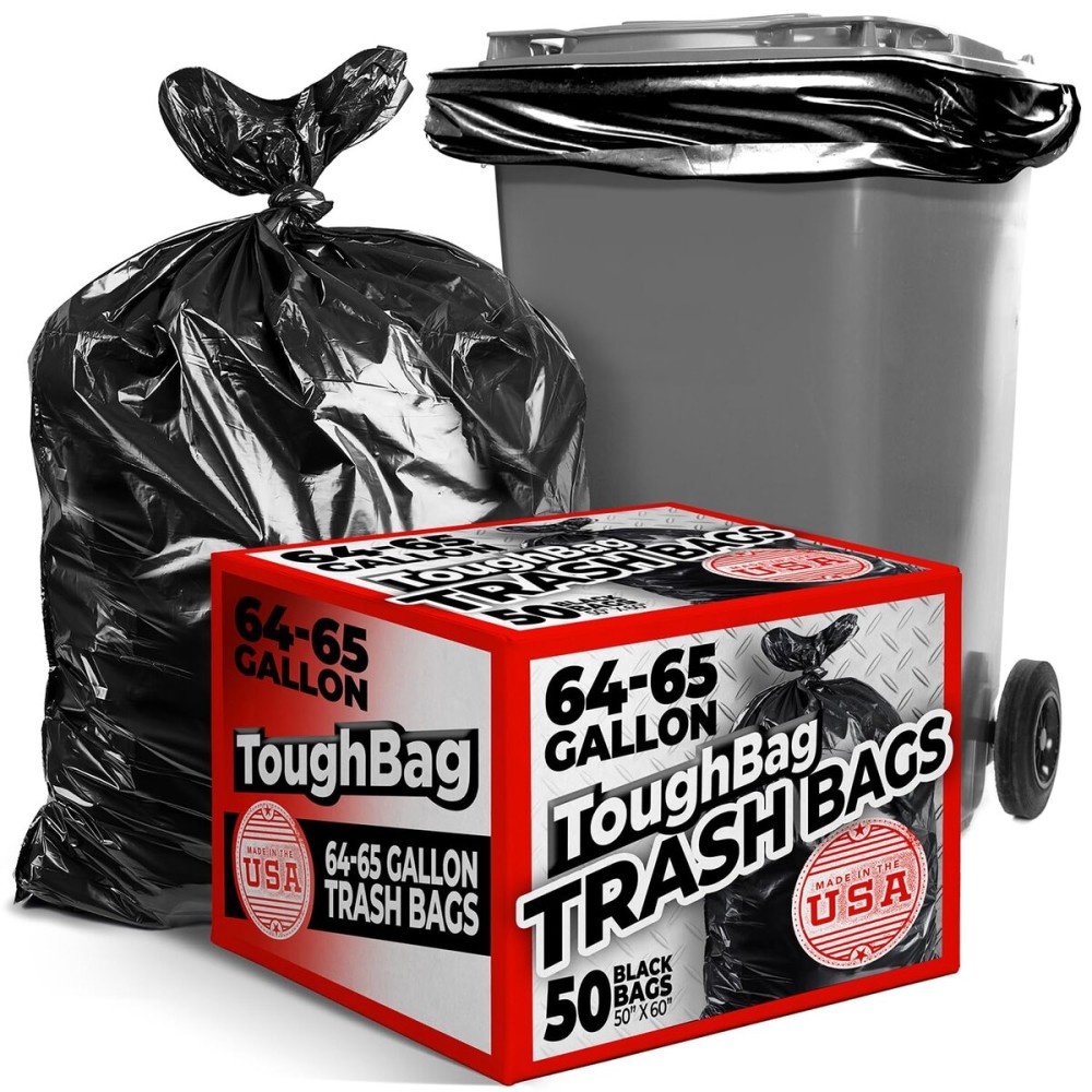 ToughBag 64-65 Gallon Trash Bags, 50x60 Extra Large Trash Can Liners for Toter, (50 Count) Heavy Duty - Made in USA