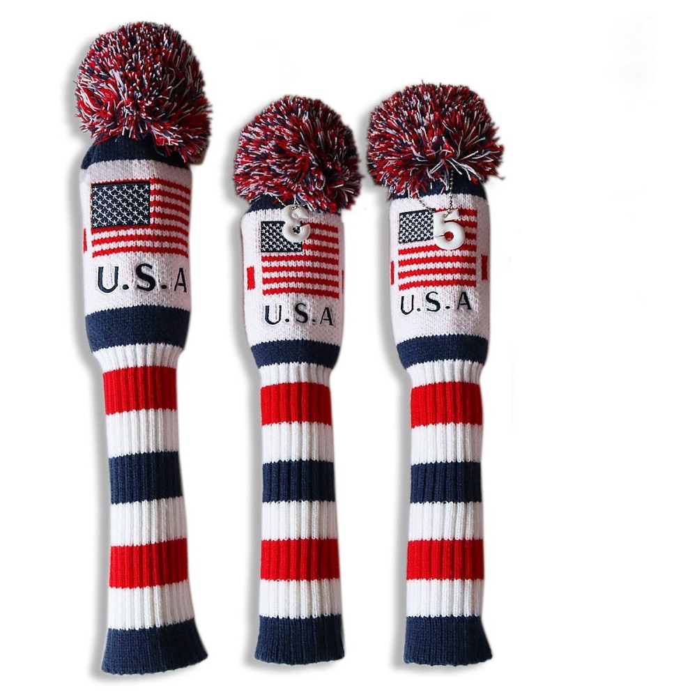 Craftsman Golf US Flag Knit Pom Pom White Blue Red Driver,Fairway Wood, Hybrid Head Cover Headcover for Callaway Mizuno Cobra Taylormade (3pcs (1,3,5))