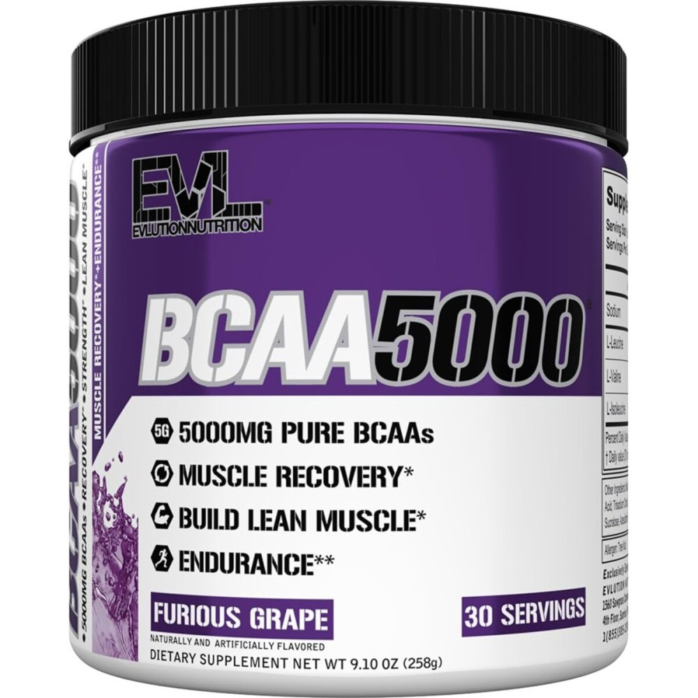 EVL BCAAs Amino Acids Powder - BCAA Powder Post Workout Recovery Drink and Stim Free Pre Workout Energy Drink Powder - 5g Branched Chain Amino Acids Supplement for Men - Furious Grape