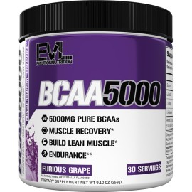 EVL BCAAs Amino Acids Powder - BCAA Powder Post Workout Recovery Drink and Stim Free Pre Workout Energy Drink Powder - 5g Branched Chain Amino Acids Supplement for Men - Furious Grape