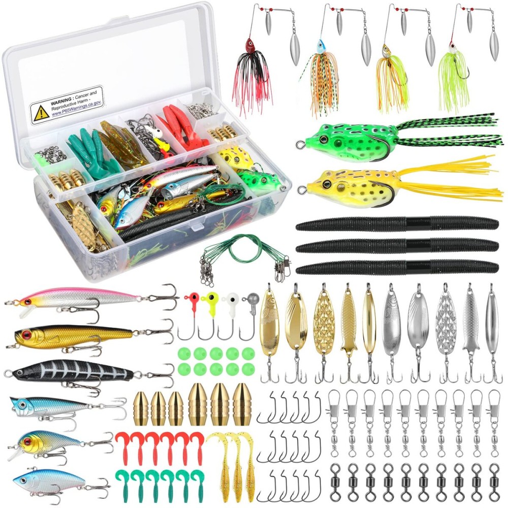 PLUSINNO Fishing Lures Baits Tackle, BEST BASS Fishing Lures Including Crankbaits, Spinnerbaits, Plastic worms, Jigs, Topwater Lures , Tackle Box and More Fishing Gear Lures Kit Set