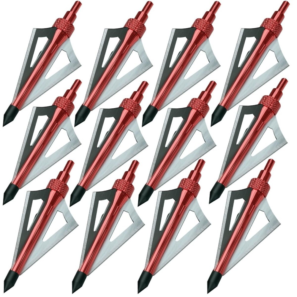 Sinbadteck Hunting Broadheads, 12pcs 3 Blades Bowhunting Broadheads 100 Grain Archery Arrow Broadhead Compatible with Traditional Bows and Compound Bows (Red)