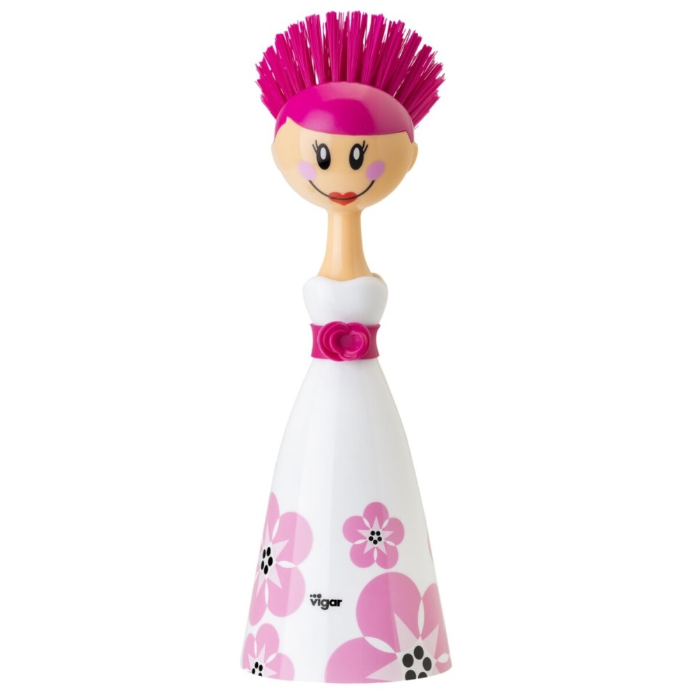 Vigar Dolls April Dish Brush with Ergonomic Handle and Dres-shaped Storage Holder - Scrub Brush for Pans, Pots, Kitchen Sink Cleaning, White, Pink