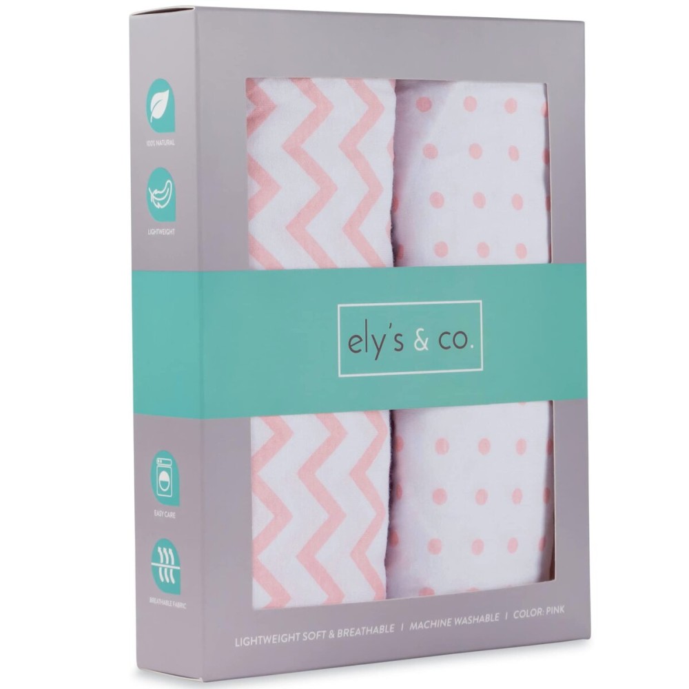 Ely\'s & Co Pack n Play , Portable mini Crib Sheet Set 100% Jersey Cotton Pink Chevron and Polka Dots for Baby Girl, 2 Pack