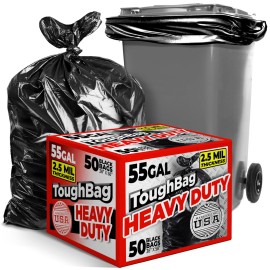 ToughBag 55 Gallon Trash Bags, 2.5 Mil Contractor Bags - 50 Count, Large 55-60 Gallon Trash Can Liners, Black Contractor Garbage Bags, 38 x 58 - Made in USA