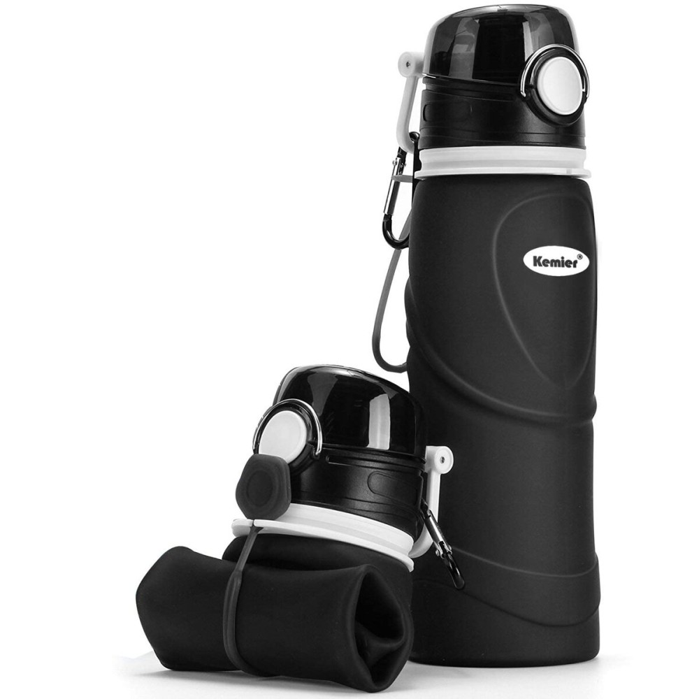 Kemier Collapsible Silicone Water Bottles-750ML,Medical Grade,BPA Free.Can Roll Up,26oz,Leak Proof Foldable Sports & Outdoor Water Bottles (Black)
